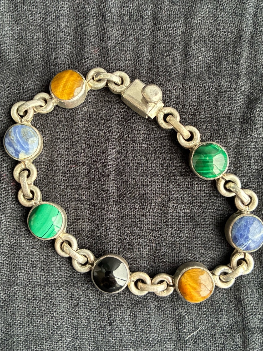 Vintage Sterling Silver multi-gemstone link bracelet Mexican artisan silver